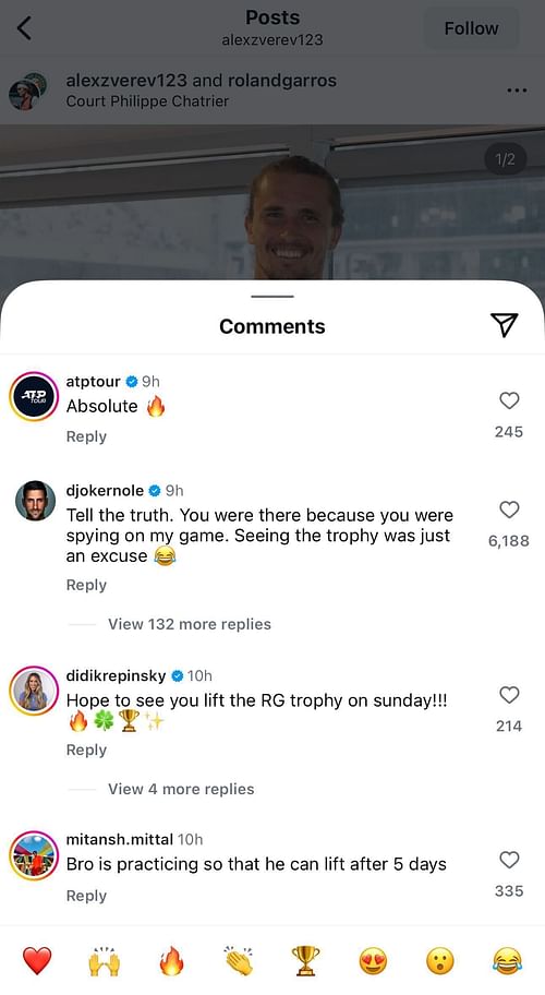 Novak Djokovic's comment on Alexander Zverev's post | Instagram/@alexzverev123