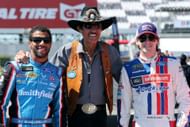 (L-R) Bubba Wallace Jr., Richard Petty and Ryan Blaney before the Monster Energy NASCAR Cup Series Pocono 400. Source: Getty