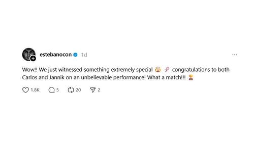 Snapshot of Esteban Ocon's comments on the Sinner-Alcaraz match. Credits-Threads/@estebanocon