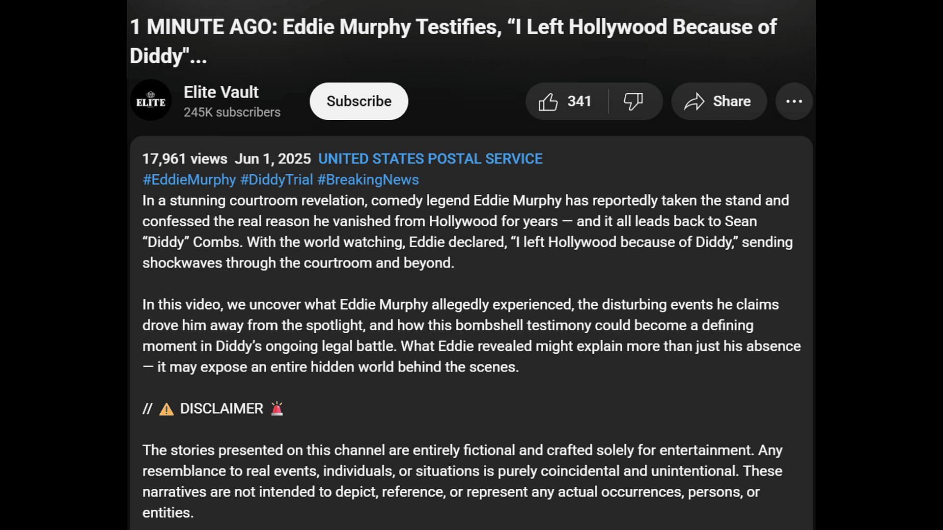 The video description of the Eddie Murphy debunked video. (Image via YouTube/ Elite Vault)
