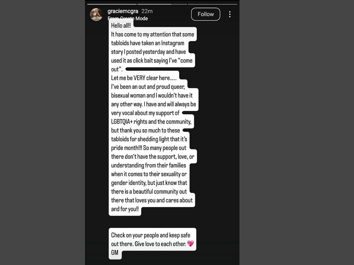 Gracie McGraw&#039;s Instagram story regarding Pride Month. (Image via Instagram/@graciemcgra)
