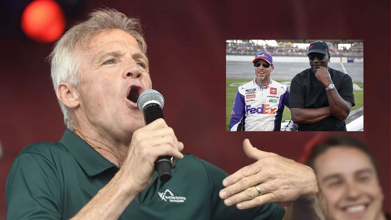 Kenny Wallace and 23XI Racing co-owners Denny Hamlin and Michael Jordan (Images via Getty)