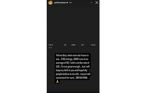 Screenshot of Prithvi Shaw's Instagram story. 
