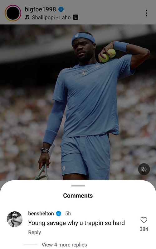 Ben Shelton leaves a comment on Frances Tiafoe's post - Image Source: @bigfoe1998 Instagram