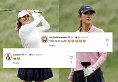 Amanda Balionis and Michelle Wie West react to their adorable golf moment at the Memorial Pro-Am