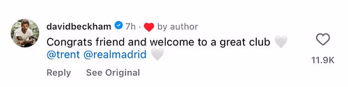 David Beckham's comment on Trent Alexander-Arnold's Instagram post