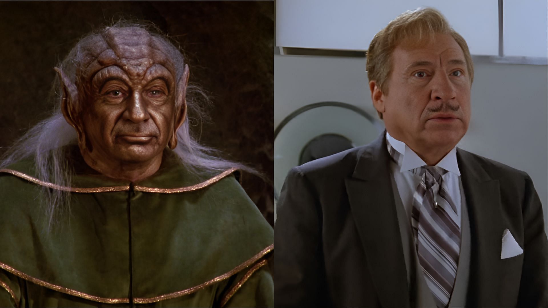Side-by-side image of Mel Brooks as Yogurt (left) in full gold makeup and robes, and as President Skroob (right) in a suit from Spaceballs.