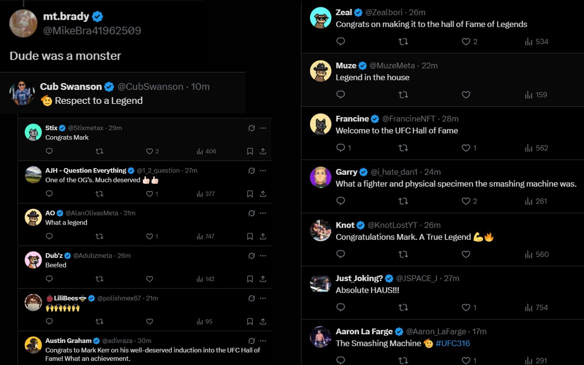 Fans react to Mark Kerr getting inducted into the UFC Hall of Fame. [Screenshots courtesy: @ufc on X]