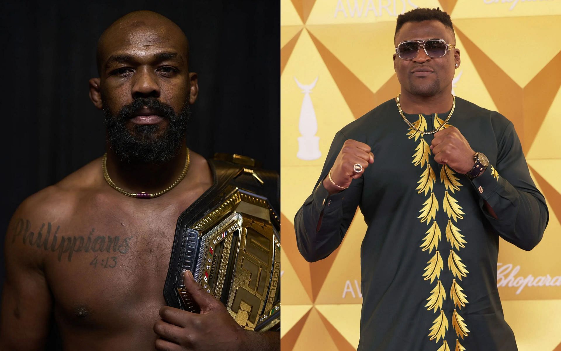 PFL chairman proposes Jon Jons (left) vs. Francis Ngannou mega fight. [Images courtesy: Getty Images]