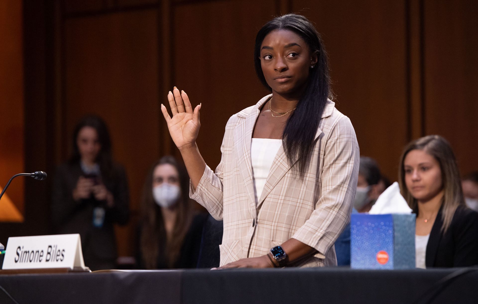 Biles at the US Senate&#039;s examination of the FBI&#039;s investigation of the Larry Nassar case [Image Source: Getty]