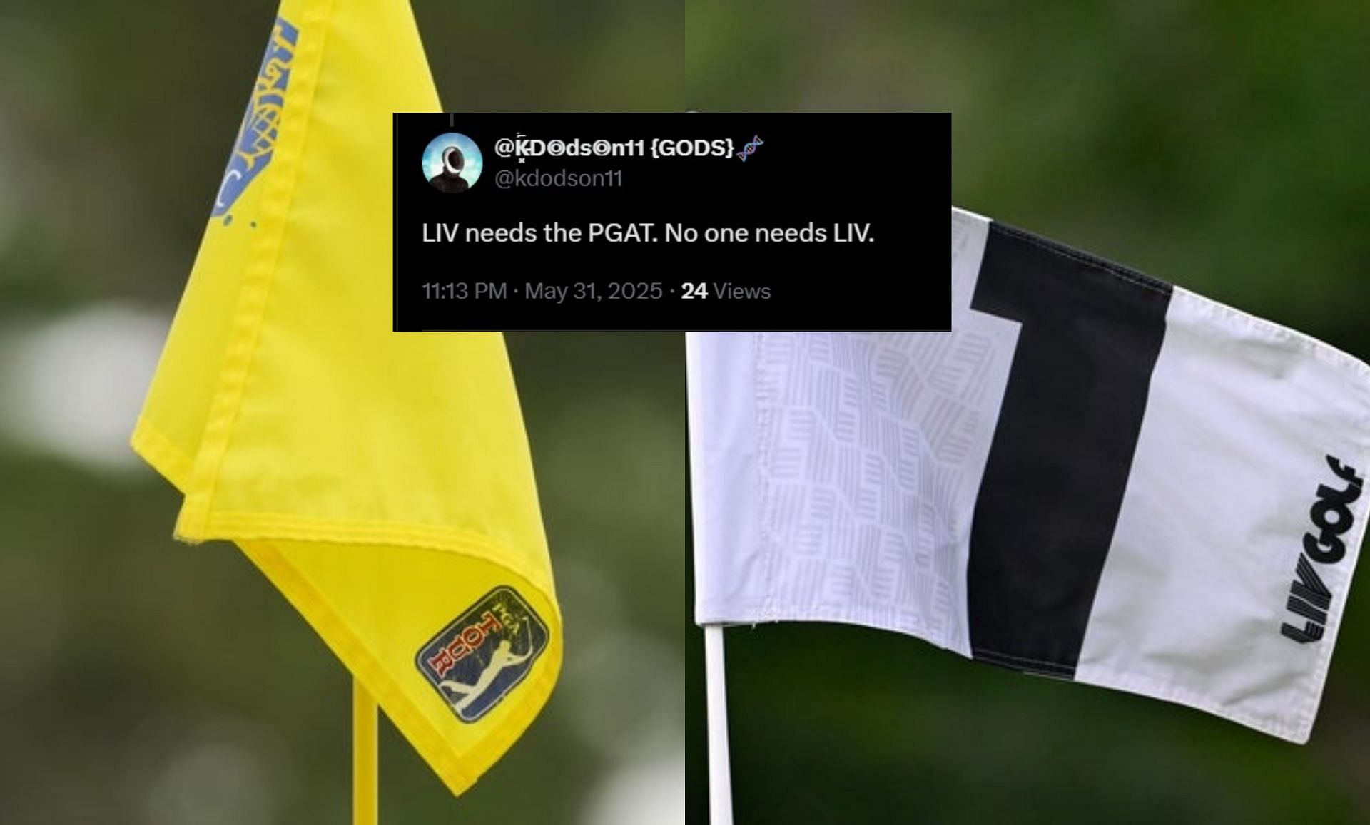 PGA Tour and LIV Golf flags (Image via Imagn and @kdodson11 X page)