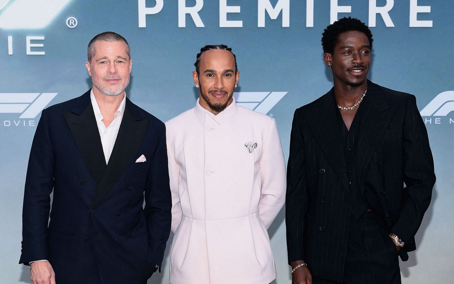 Brad Pitt (L) , Lewis Hamilton, and Damson Idris (R) at the Apple Original Films &amp; Warner Bros. Pictures &quot;F1&quot; World Premiere in New York