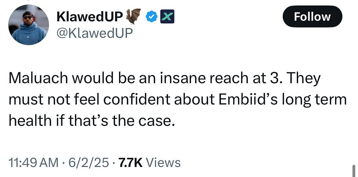 A reply argues that Philadelphia drafting Maluach would mean Embiid isn&rsquo;t a long-term solution (image credit: x/nbacentral)