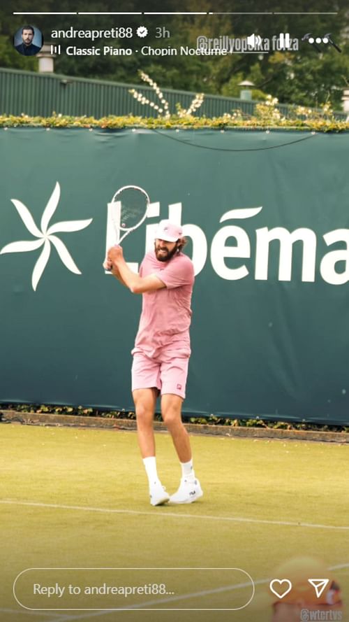 Preti reacts to Reilly Opelka's tennis at Libema Open; Instagram - @andreapreti88