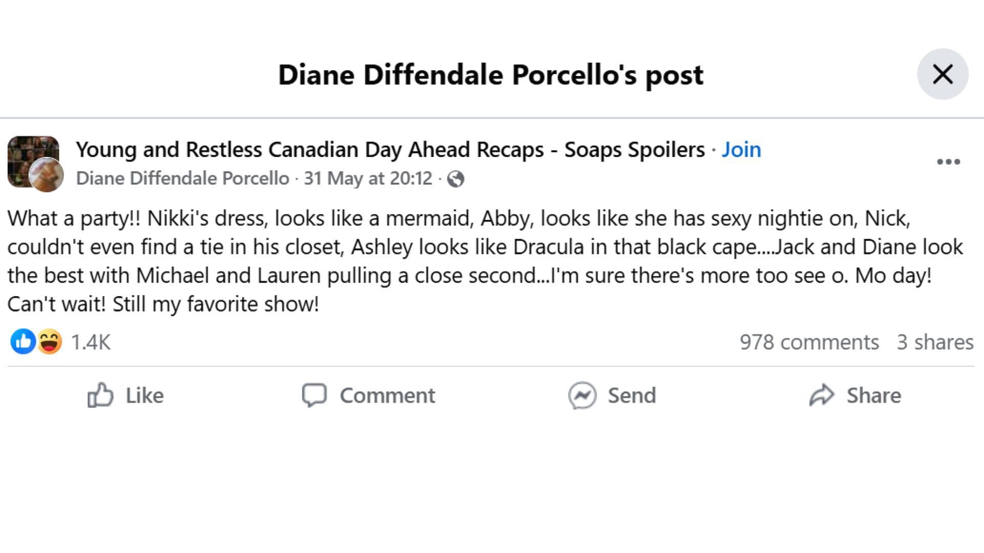 The Original Post by the fan (Image via Facebook/ @Diane Diffendale Porcello)