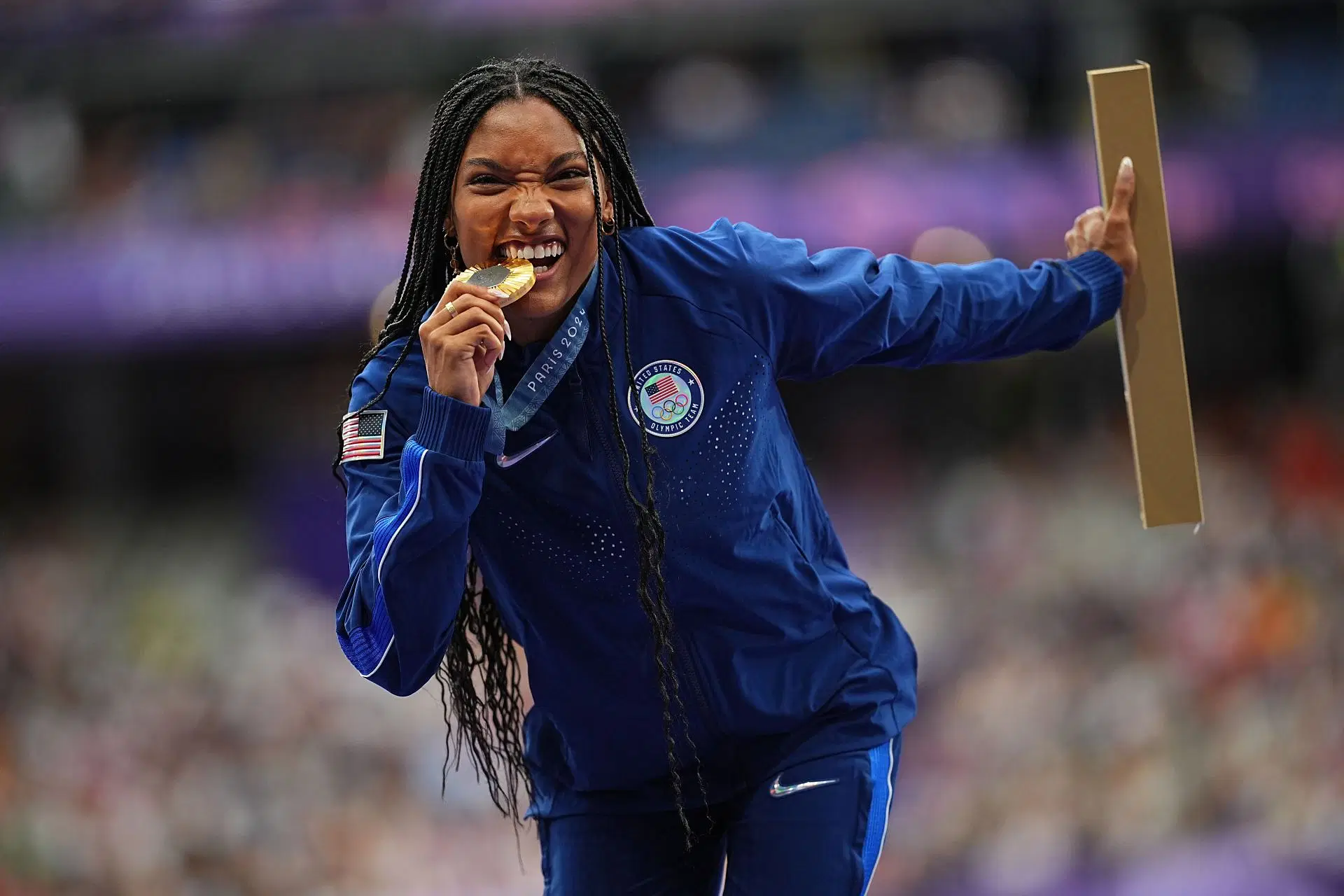 Tara Davis-Woodhall at the Paris Olympics after winning the women&#039;s long jump gold medal [Image Source: Getty]