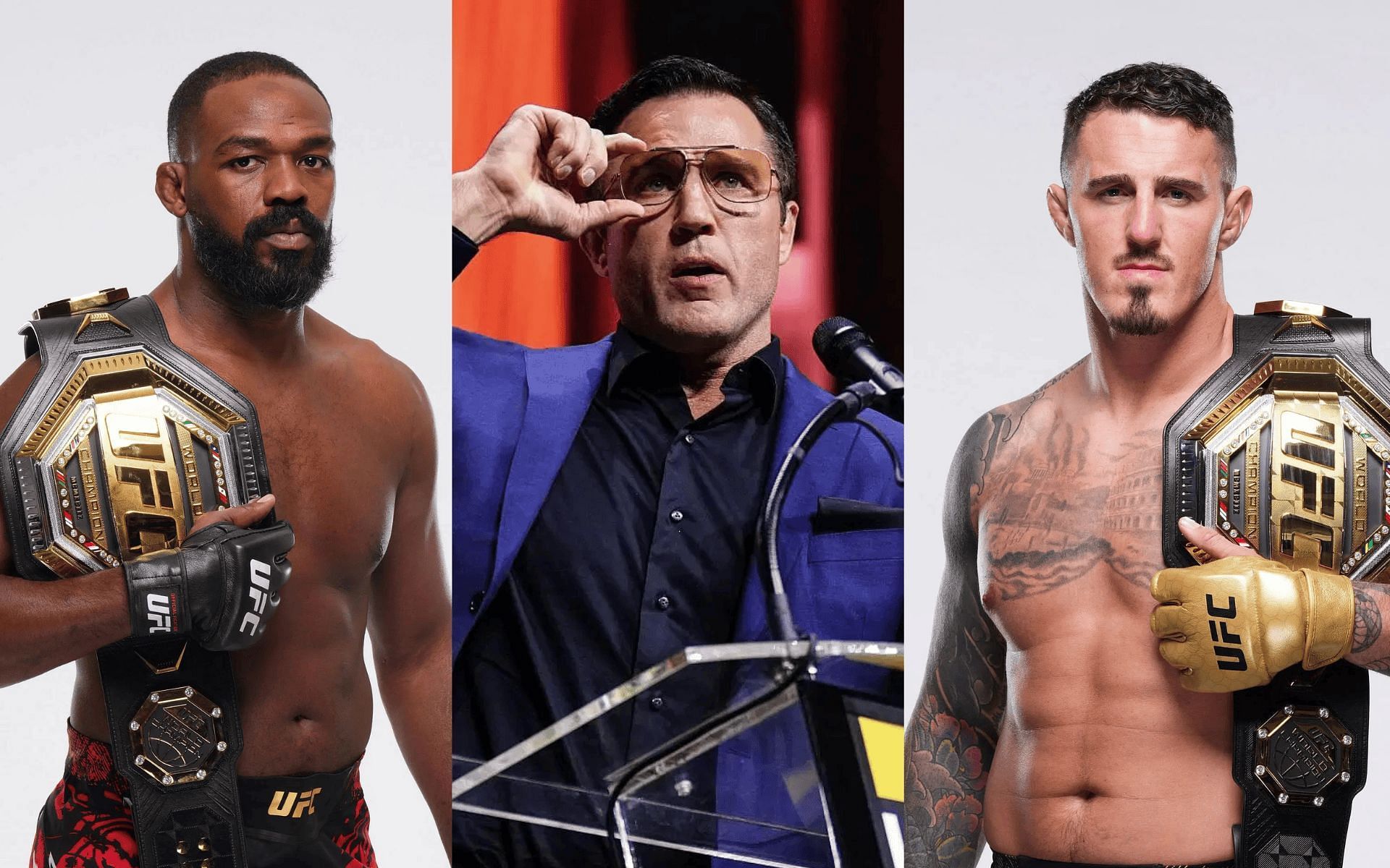 Chael Sonnen (middle) is confident about Jon Jones (left) fighting Tom Aspinall (right) in 2025. [Images courtesy: Getty]