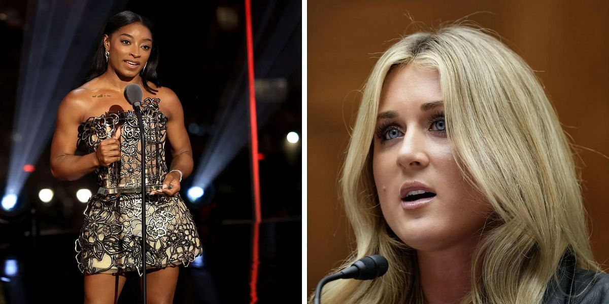  Riley Gaines swipes back as Simone Biles takes a dig over her for &quot;bullying&quot; trans athletes. (Images by Getty)