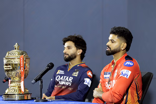 PBKS captain Shreyas Iyer and RCB skipper Rajat Patidar during press conference. (Credits: Getty)