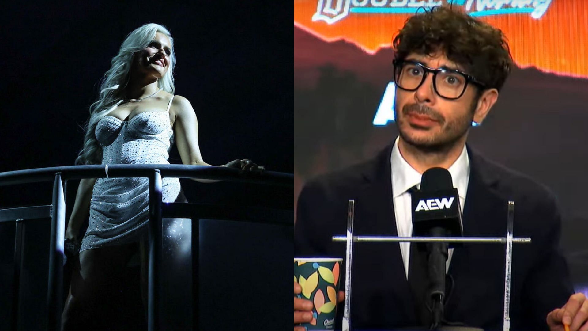 Blake Monroe (left) and AEW president Tony Khan (right). (Image credits: wwe.com &amp; AEW YouTube channel)