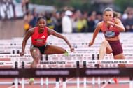 Ackera Nugent competes against Sydney McLaughlin-Levrone (R) at Philadelphia GST (Photo by Roger Wimmer/ISI Photos/Getty Images)