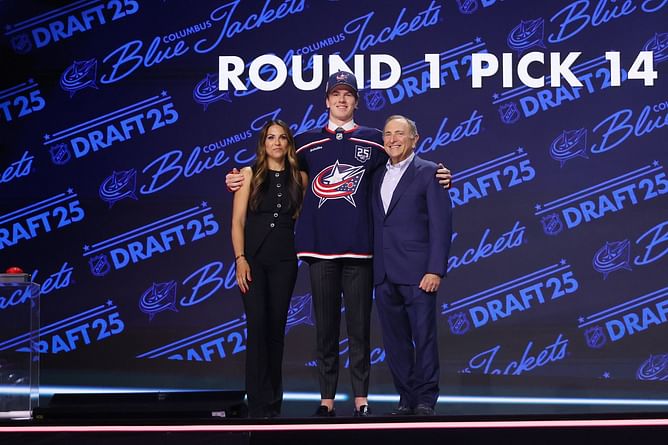 Johnny Gaudreau's wife Meredith chokes up before announcing Blue Jackets's pick at 2025 NHL draft [WATCH]