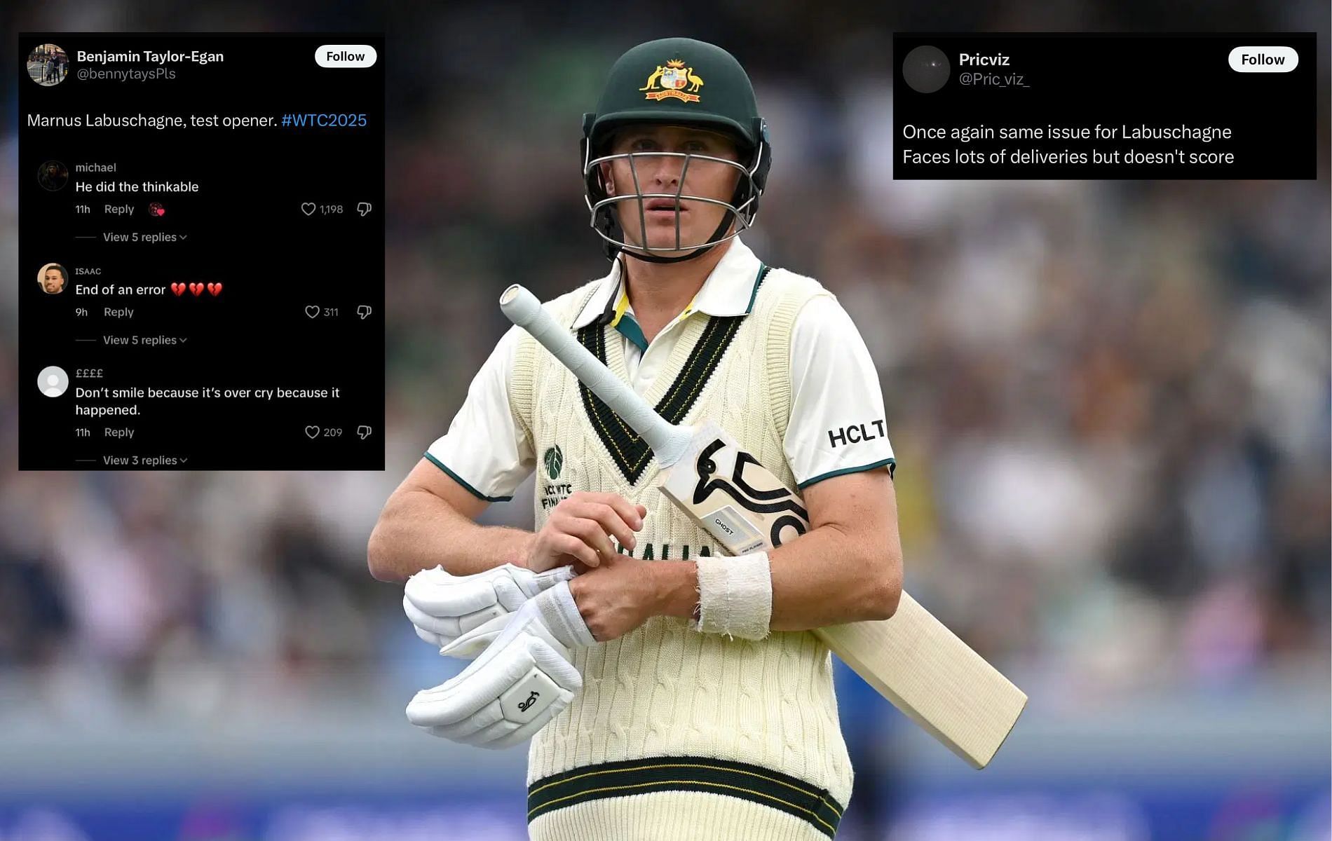 Marnus Labuschagne scored 17 runs off 56 balls in 1st innings of WTC 2025 Final. (Pics: Getty Images/X/@bennytaysPls/@Pric_viz_).