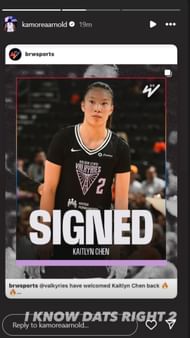 KK Arnold hypes former UConn teammate Kaitlyn Chen's latest move to the Golden State Valkyries on IG story. Image via @kamoreaarnold