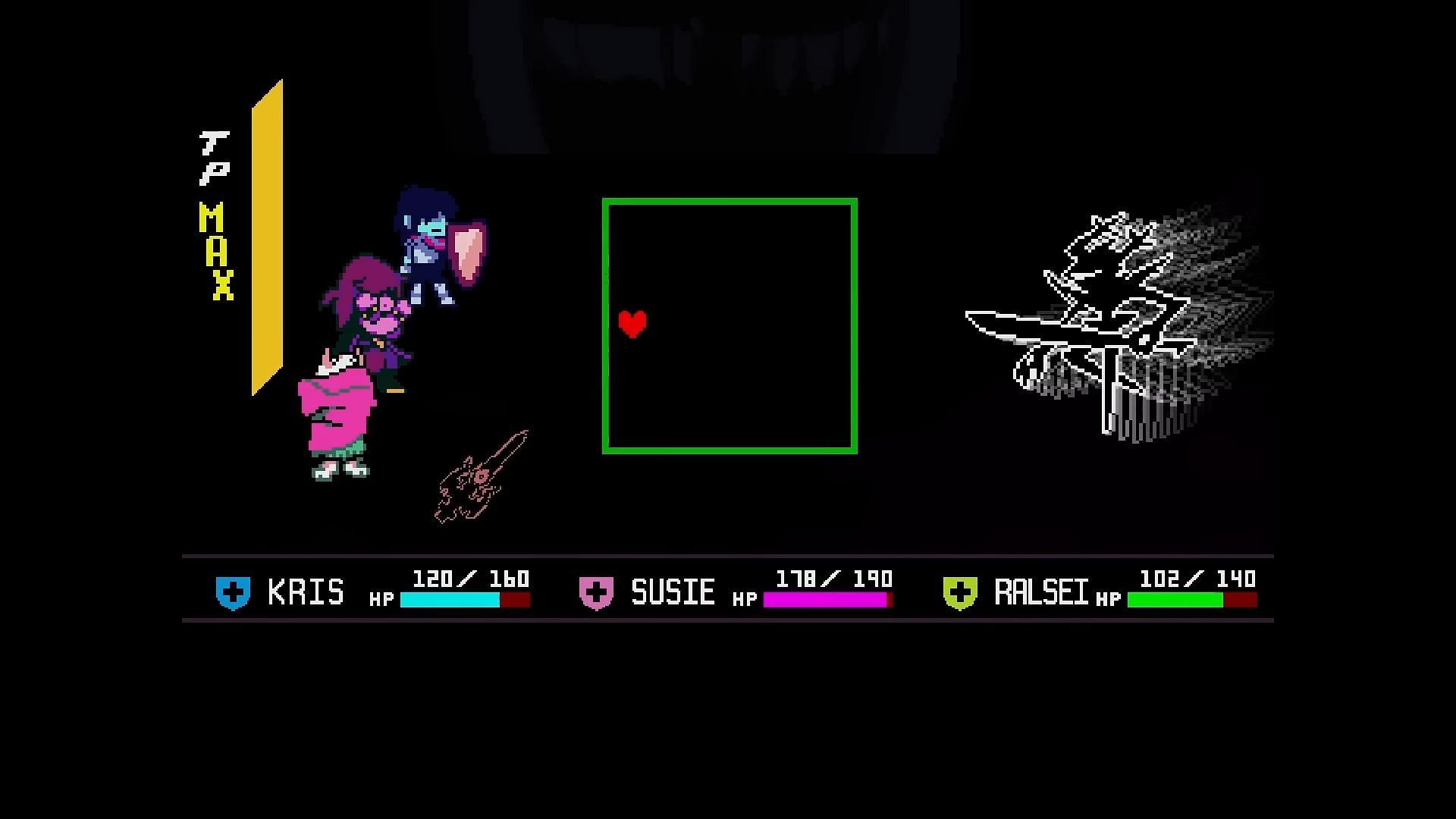 A Shadow Crystal drops when Susie knocks a shard off the boss&#039;s blade, and the Black Shard, a powerful weapon for Kris that excels against Dark-element enemies (Image via Toby Fox/Youtube@/Xirez)