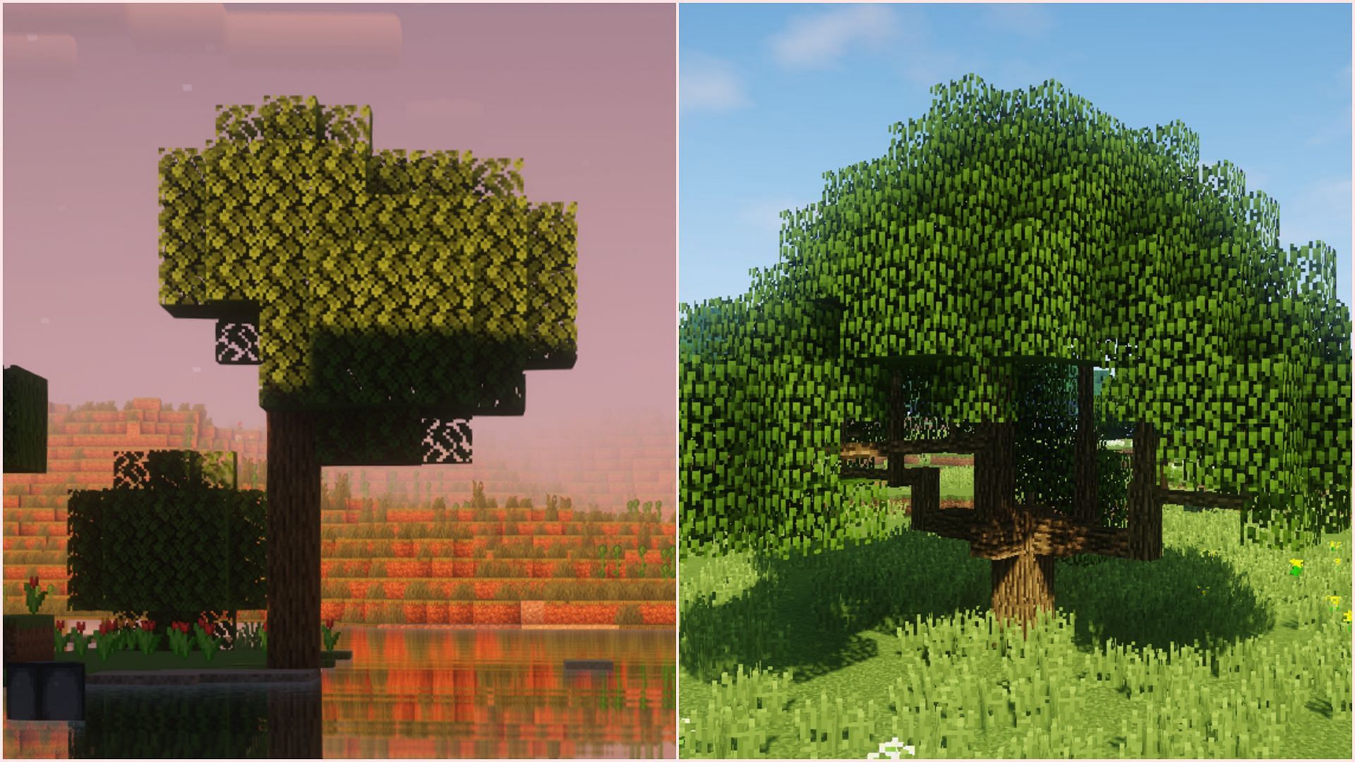 Dynamic Trees changes how trees generate in Minecraft and also adds different log block sizes (Image via Sportskeeda Gaming || Mojang Studios || CurseForge/MaxHyper)