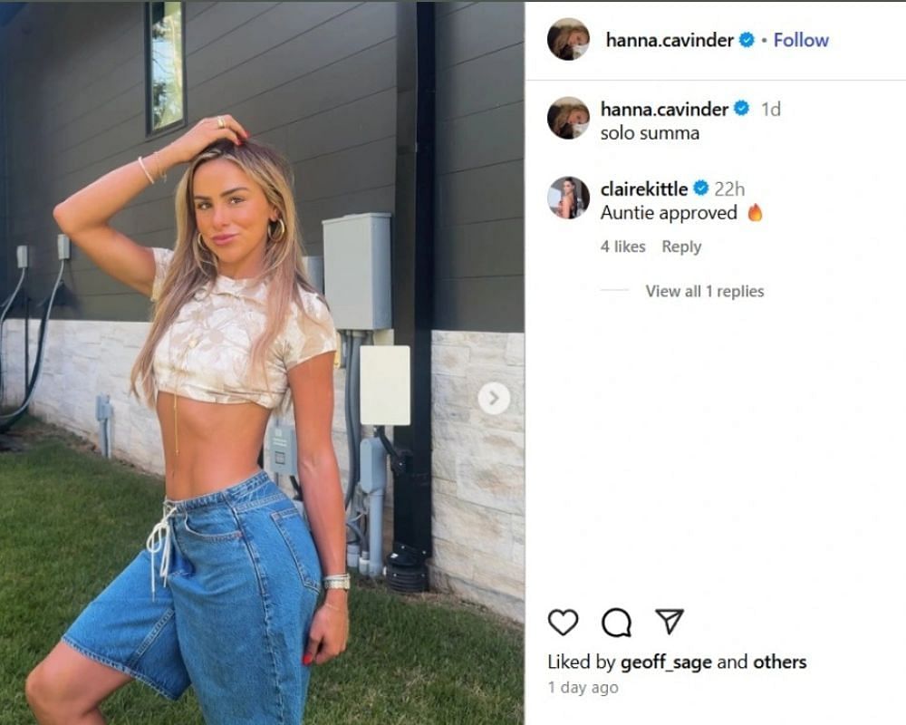 George Kittle&rsquo;s wife Claire drops 2-word reaction on Hanna Cavinder&rsquo;s chic &ldquo;solo summa&rdquo; look [IG/@clairekittle]