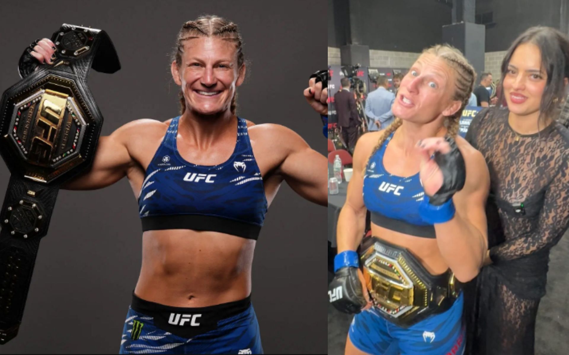 Kayla Harrison (left) goes viral with backstage comedy skit alongside Nina-Marie Daniele (right0 after UFC 316 win