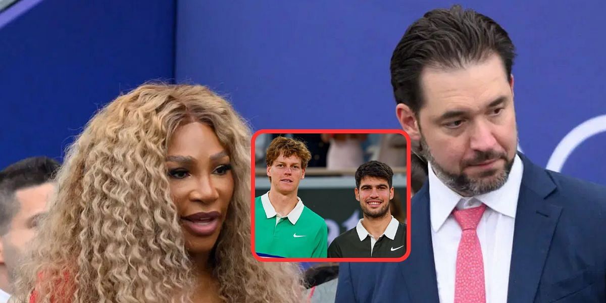 Serena Williams and Alexis Ohanian (background), Jannik Sinner and Carlos Alcaraz (inset)