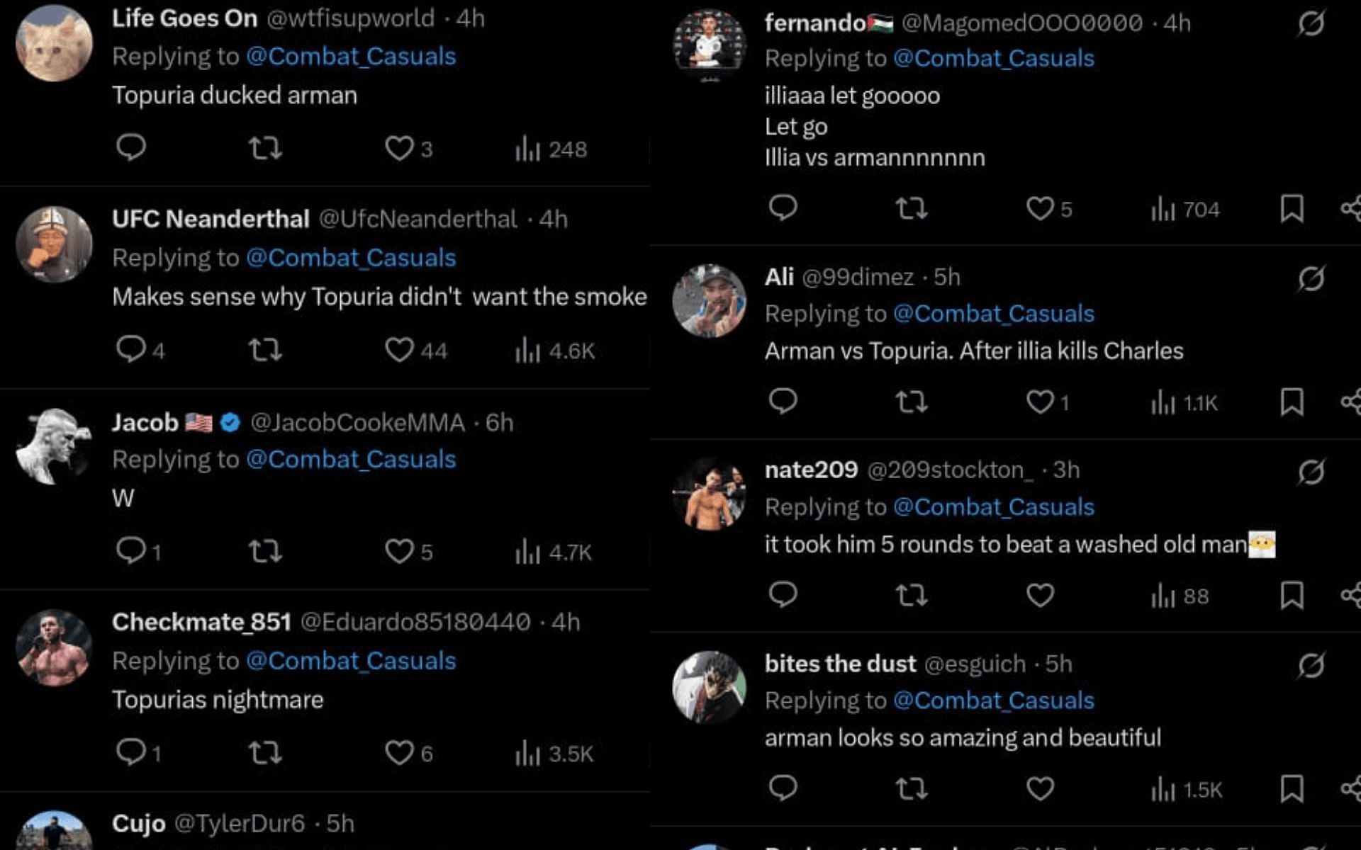 Fans&#039; reaction to Arman Tsarukyan submitting Patricky Pitbull in a grappling match. [Screenshots courtesy: @Combat_Casuals on X]