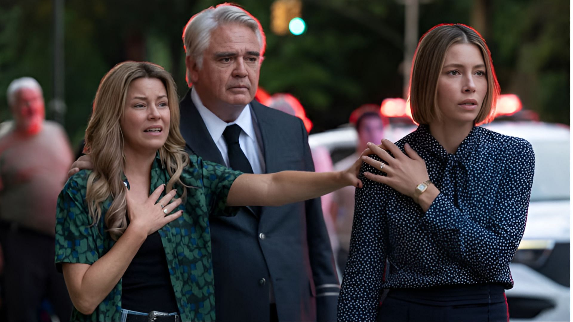 Elizabeth Banks as Nicky, Matthew Modine as Bill Braddock, and Jessica Biel as Chloe react at a crime scene in The Better Sister, as tension rises after Adam&rsquo;s murder. (Image via Amazon Prime)