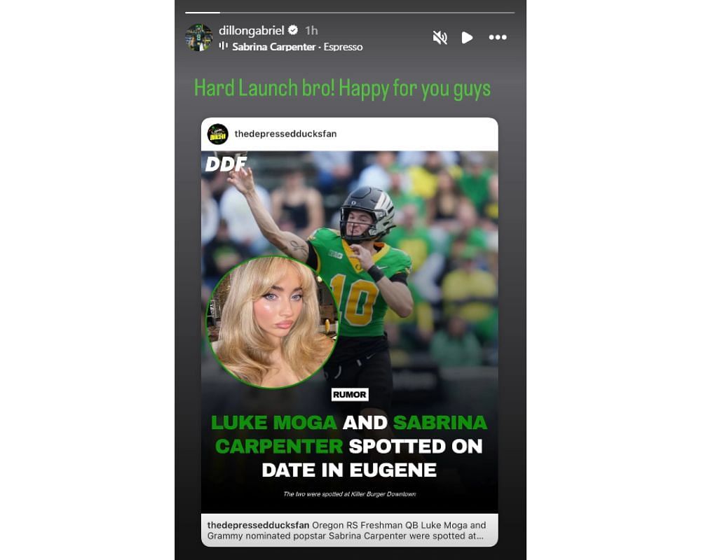 Browns' Dillon Gabriel reacts to Sabrina Carpenter allegedly going on a date with Oregon QB Luke Moga [IG/@dillongabriel]