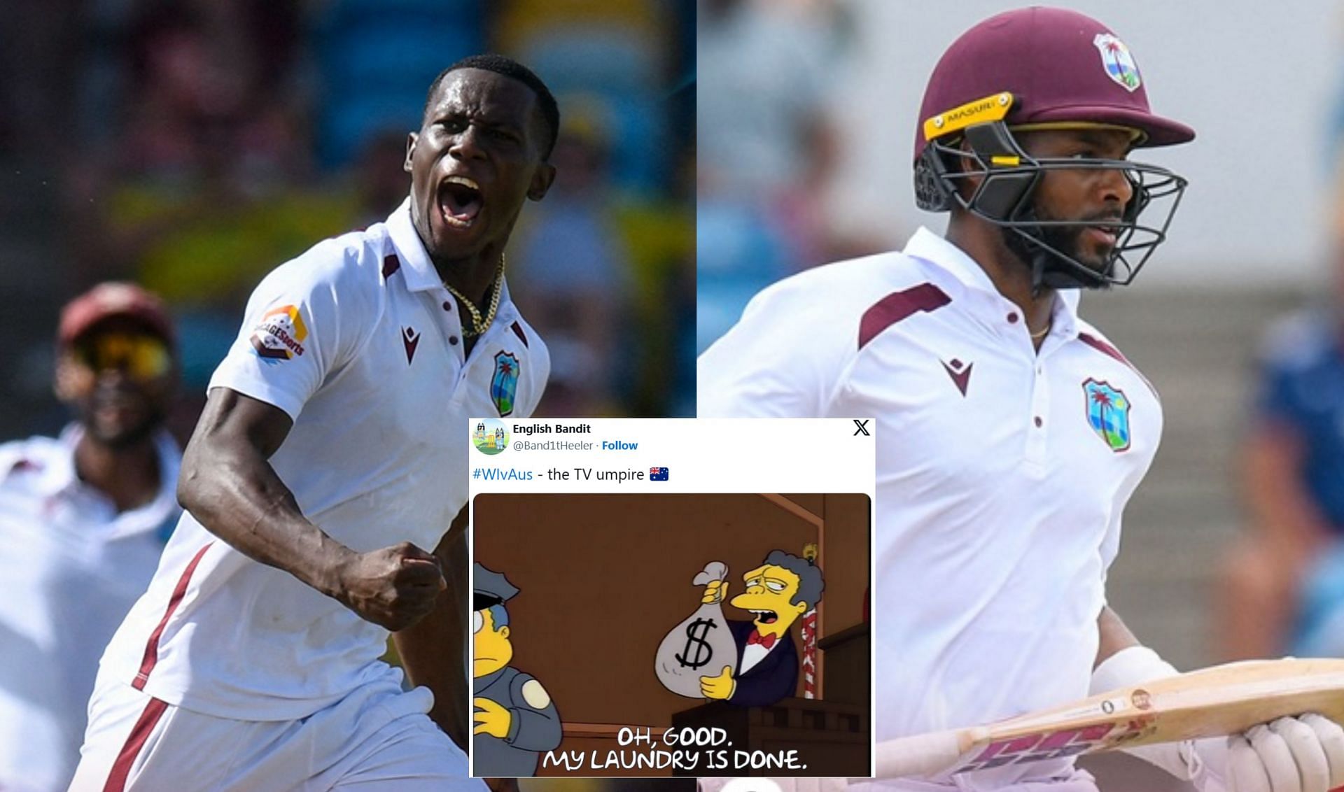 Top memes from day 2 of first WI vs AUS Test. (Images: X - @windiescricket, @Band1tHeeler)