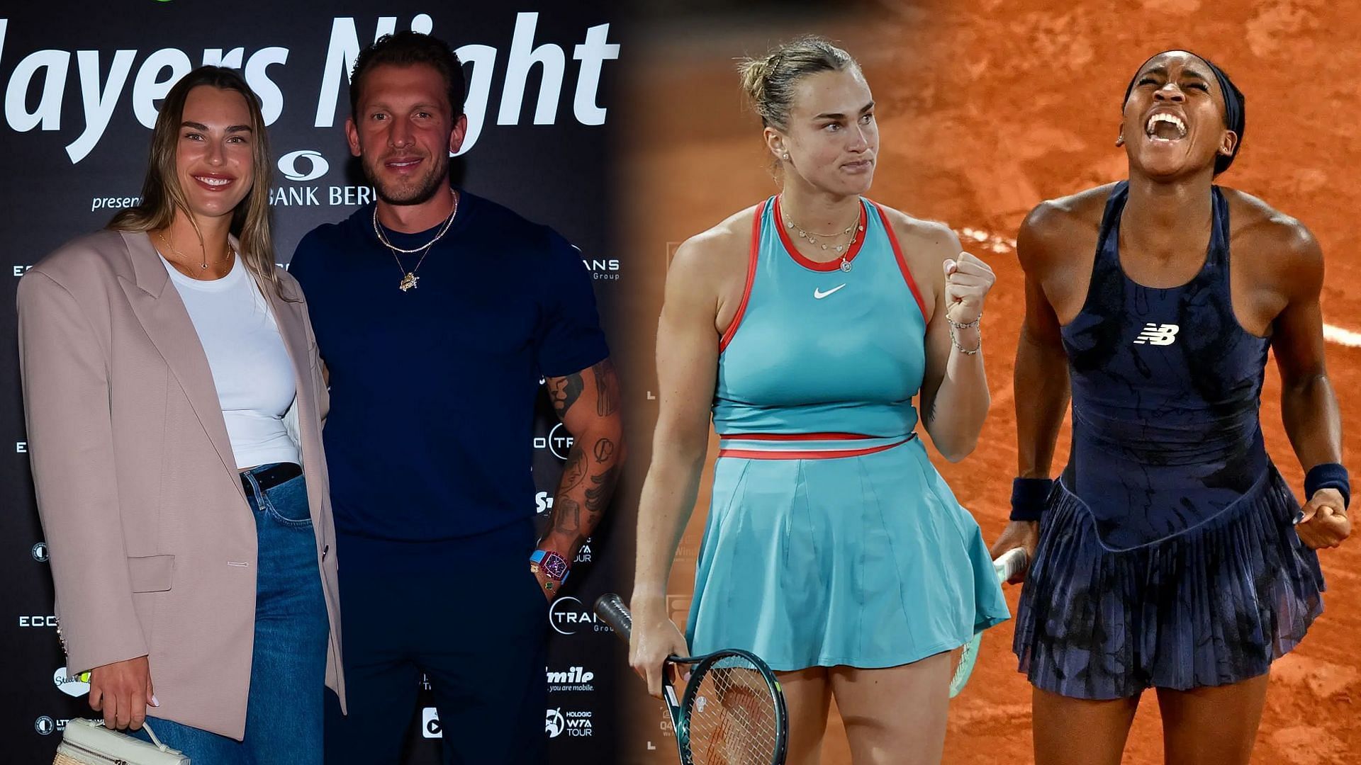 Aryna Sabalenka with her boyfriend Georgios Frangulis (L) and with Coco Gauff (R). (Photos: Getty)