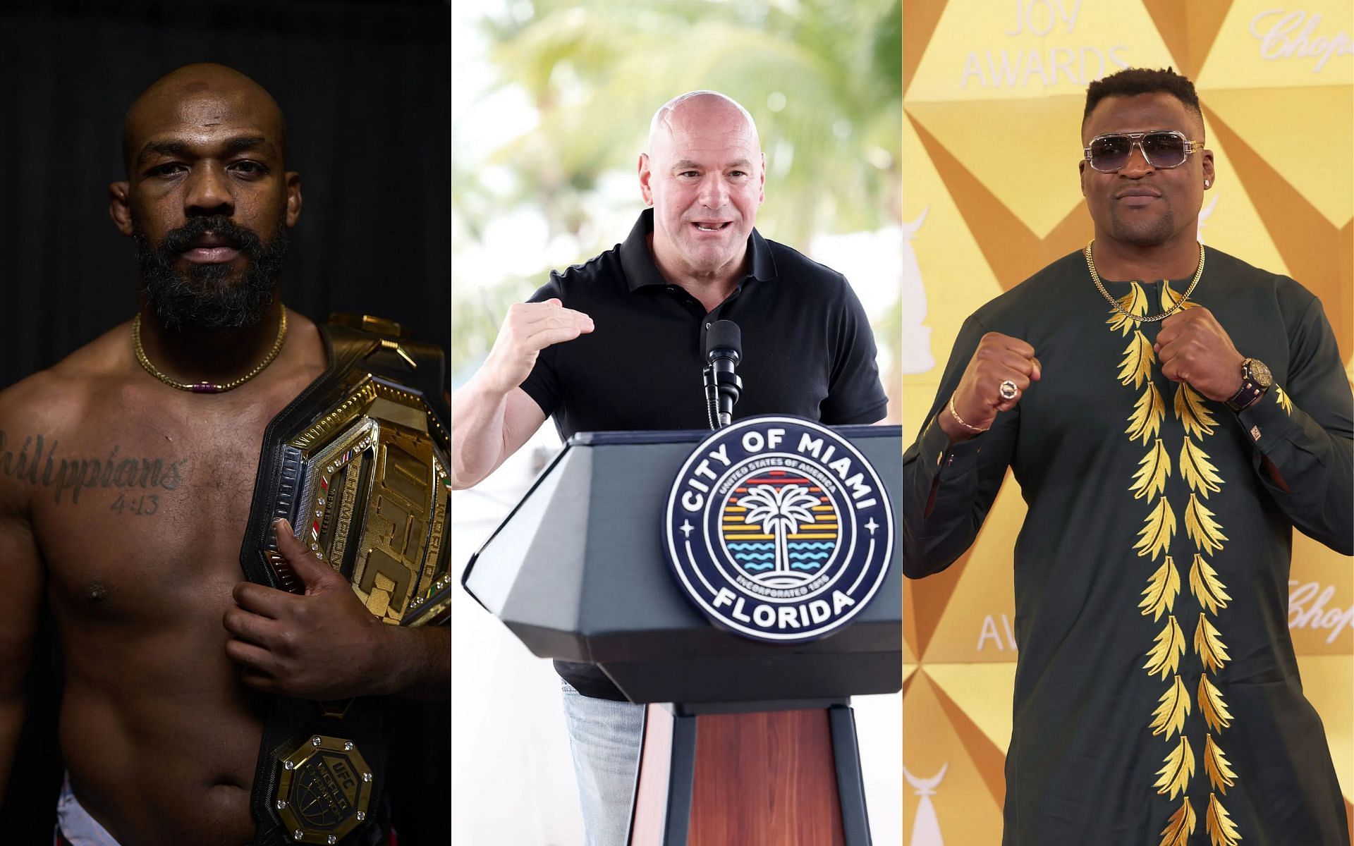Dana White (middle) weighs in on potential Jon Jones (left) vs. Francic Ngannou (right) fight. [Images courtesy: Getty Images]