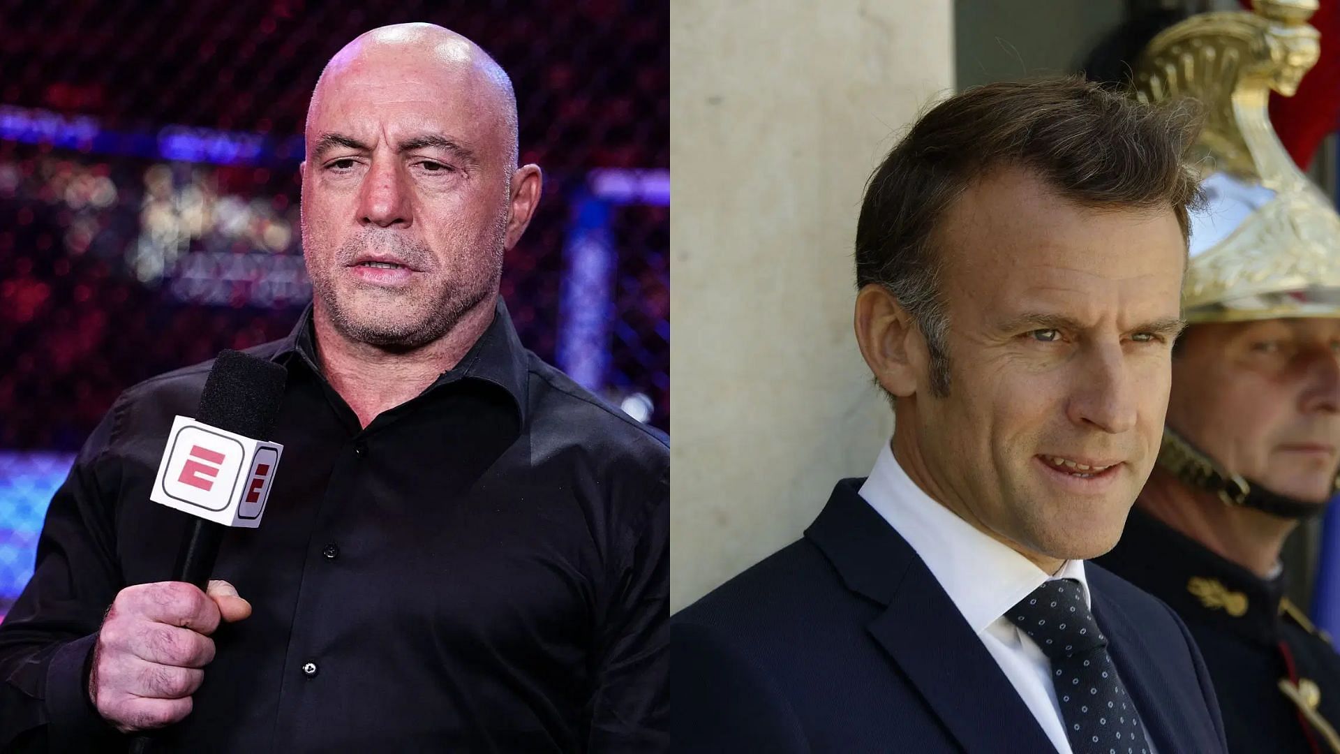Joe Rogan (left) reacts to viral clip of Emmanuel Macron (right) getting shoved by wife. [Images courtesy: Getty Images]