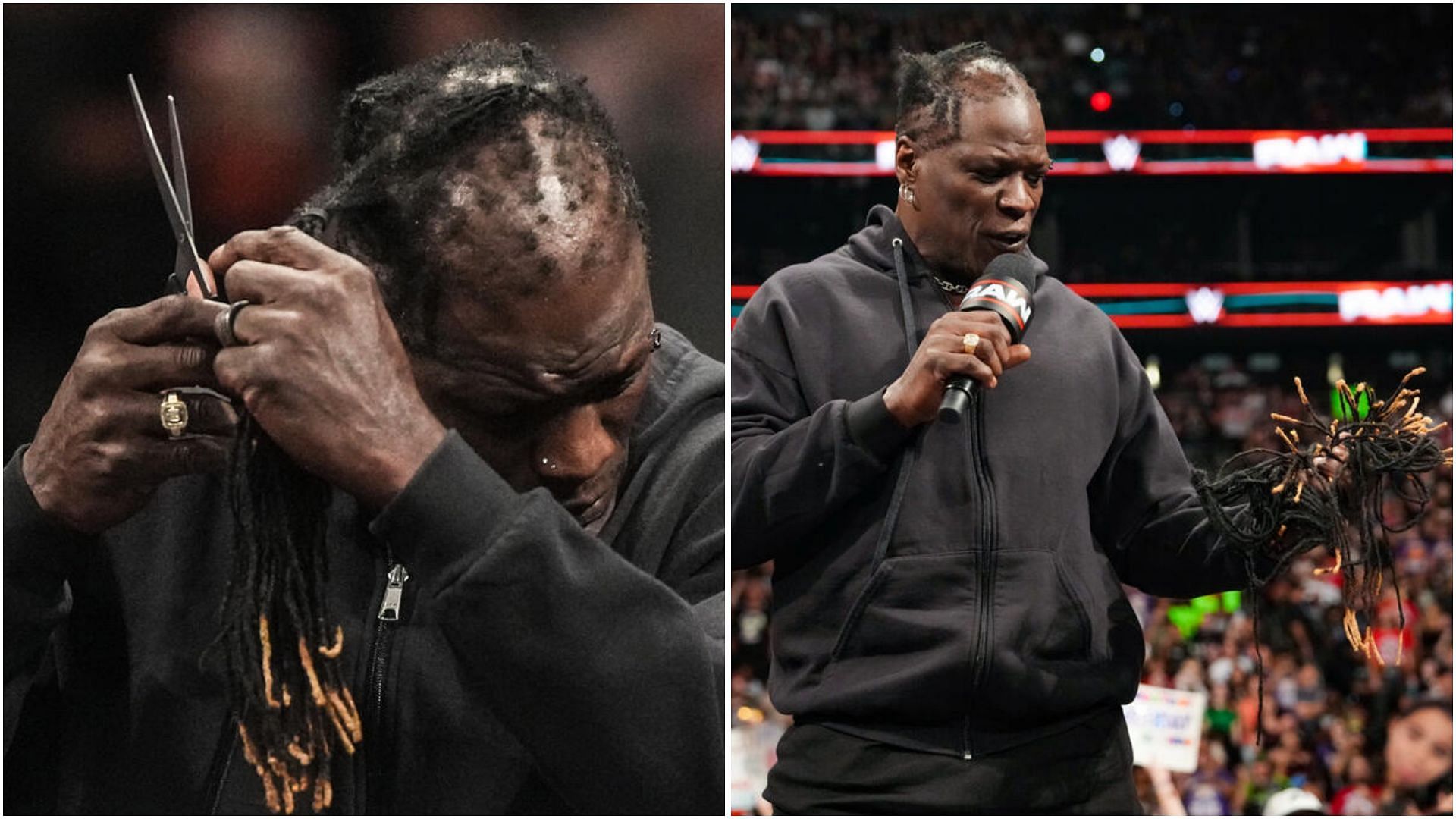 Ron Killings cut off his hair on WWE RAW. (Photos. WWE.com)