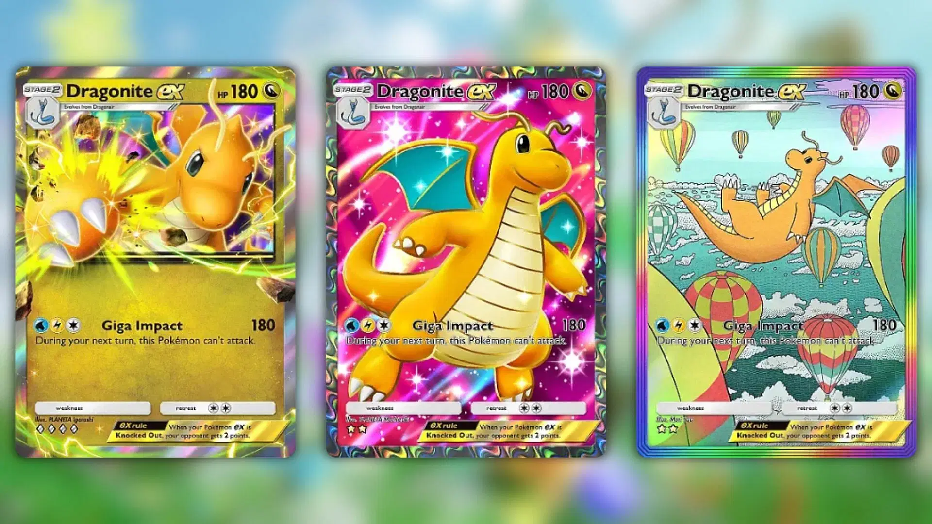 All Dragonite ex variants from Pokemon TCG Pocket Eevee Grove (Image via The Pokemon Company)