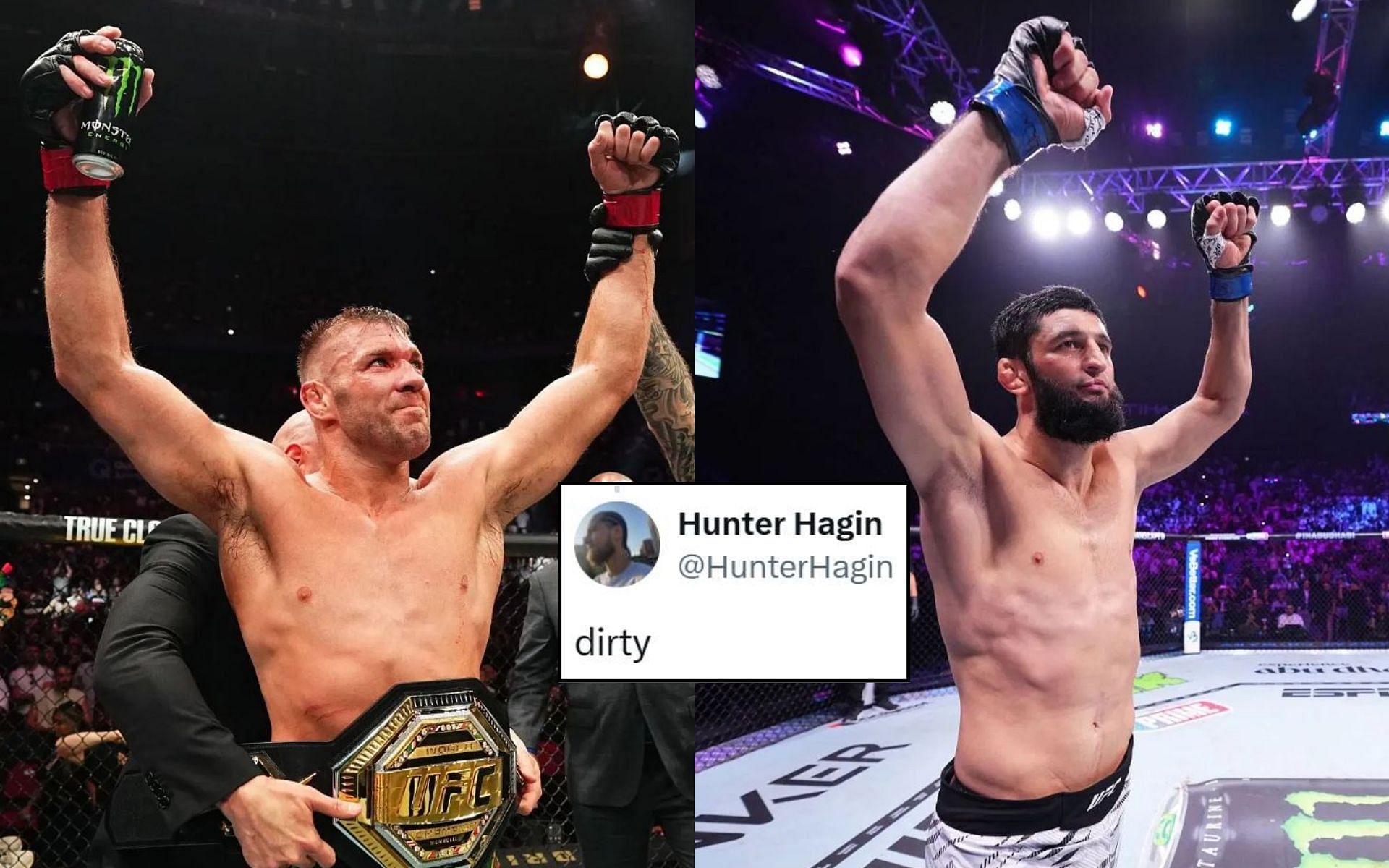 Fans react (insert) to a rumor ahead of Dricus du Plessis (left) vs Khamzat Chimaev (right). [Images courtesy: @MMAUNCENCORED on X, Getty Images]