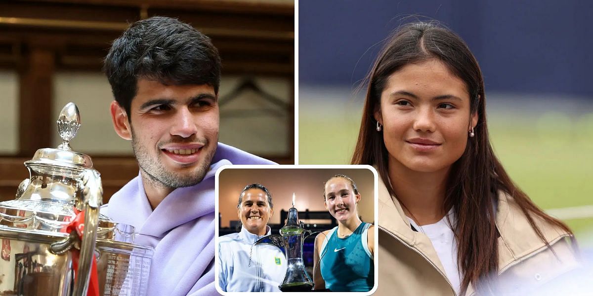 Carlos Alcaraz (left), Emma Raducanu (right), Conchita Martinez and Mirra Andreeva (bottom inset), Sources: Getty