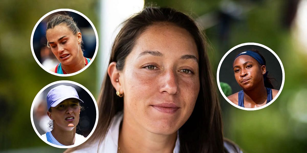 Jessica Pegula (background), Aryna Sabalenka (top left inset), Iga Swiatek (bottom left inset), Coco Gauff (right inset), Sources: Getty