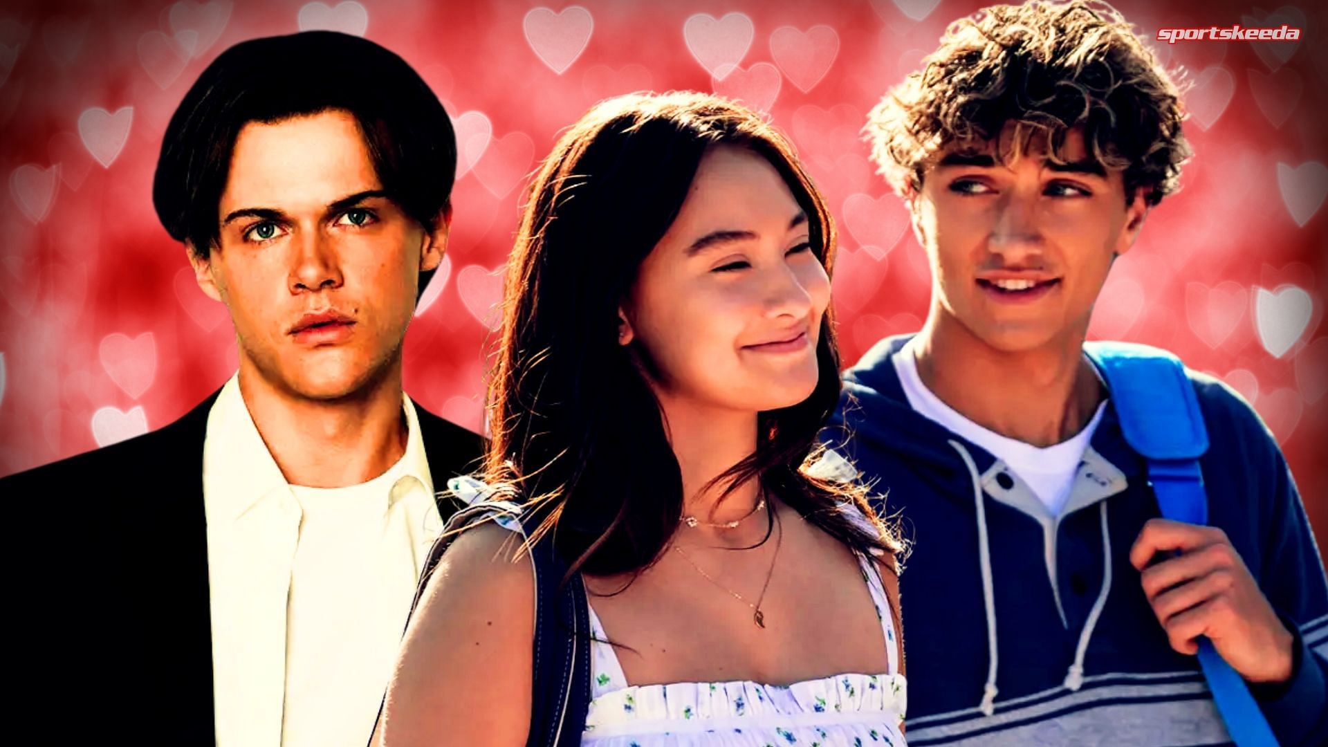 Stylized promotional image of Belly between Conrad and Jeremiah, with a red background filled with heart icons, for The Summer I Turned Pretty season 3.