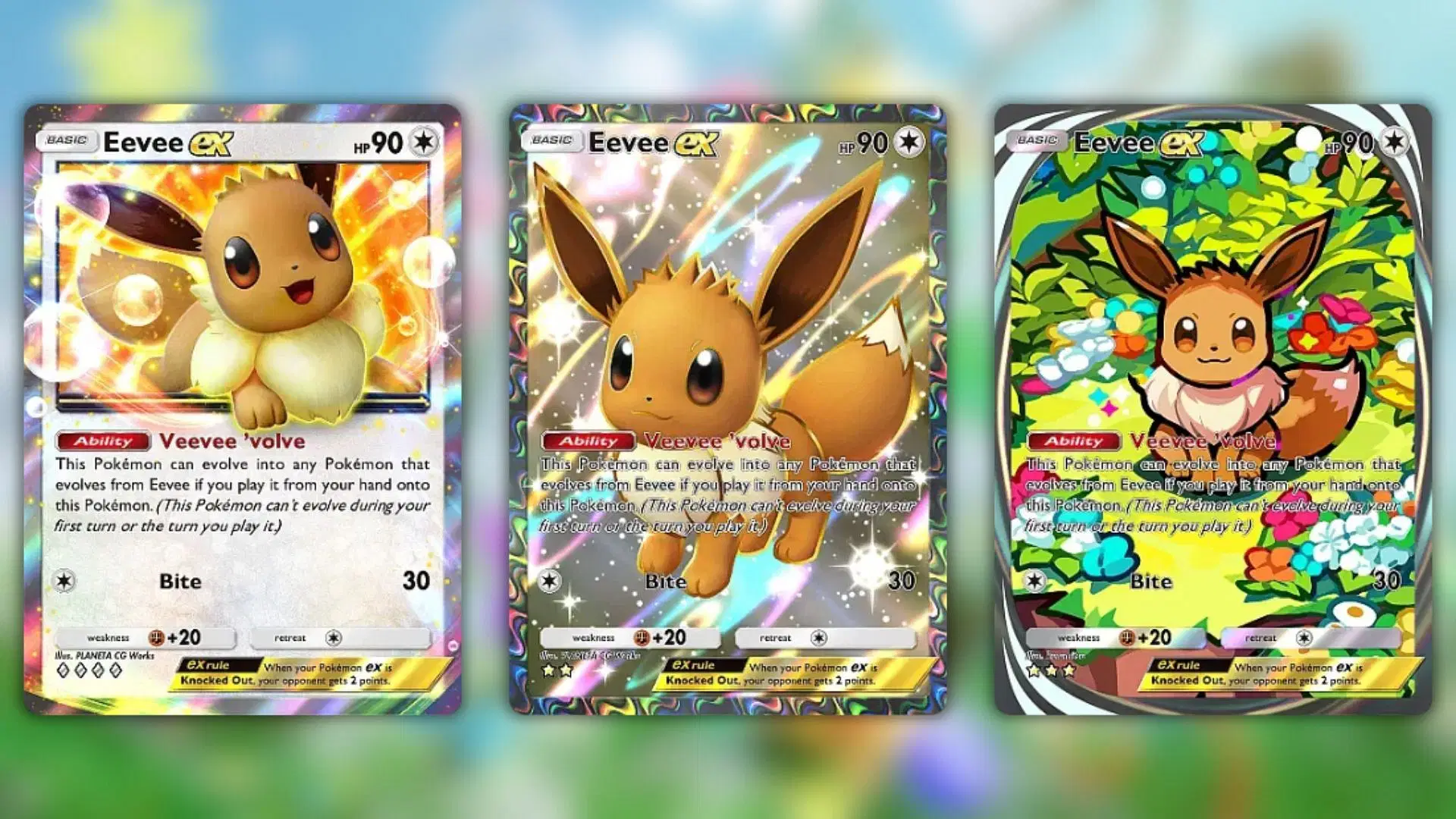 All Eevee ex variants from Pokemon TCG Pocket Eevee Grove (Image via The Pokemon Company)
