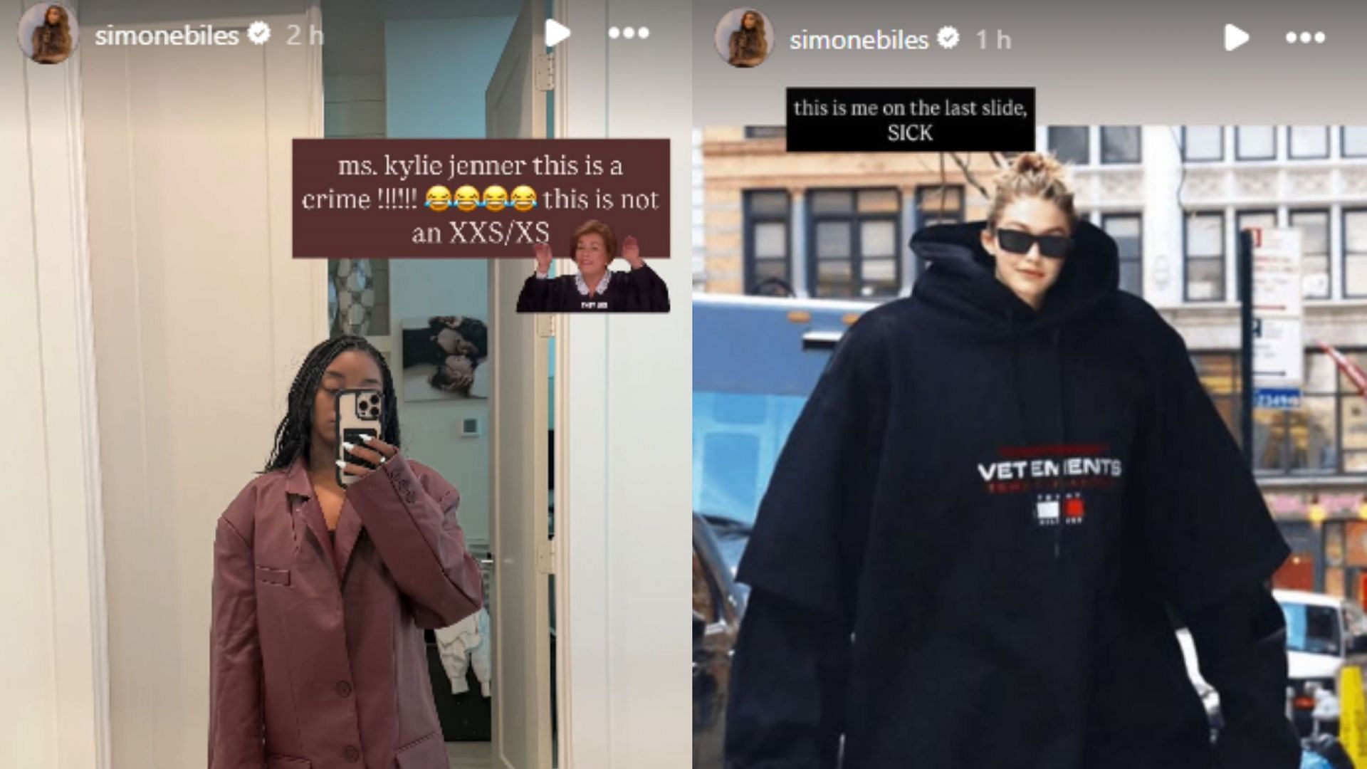 Screengrabs of Simone Biles&#039; Instagram stories about outfits from Kylie Jenner&#039;s brand [Image Source: Instagram/@simonebiles]