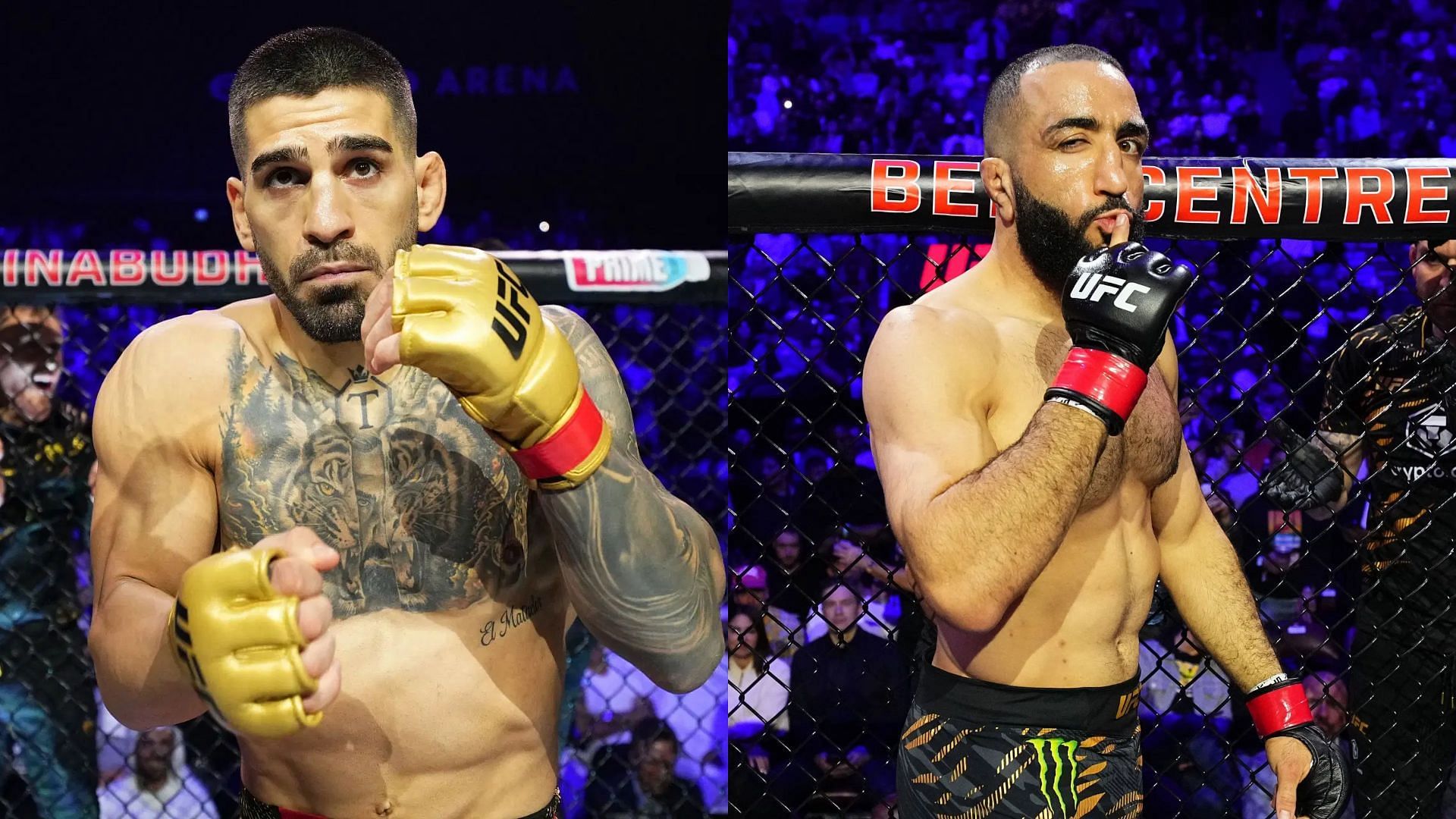 Ilia Topuria (left) mocks Belal Muhammad (right). [Images courtesy: Getty Images]
