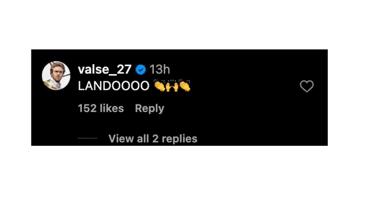Davide Valsecchi&#039;s comment on Lando Norris&#039; picture [Image Source: @lando/Instagram]